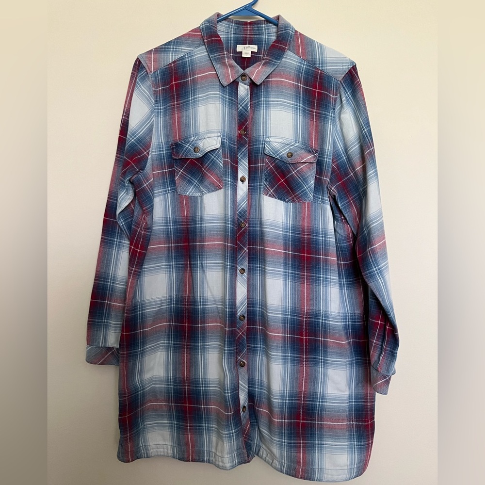 J Jill (Denim Line) Plaid Soft FlannelTunic  Size Large - Bluish Teal and Red